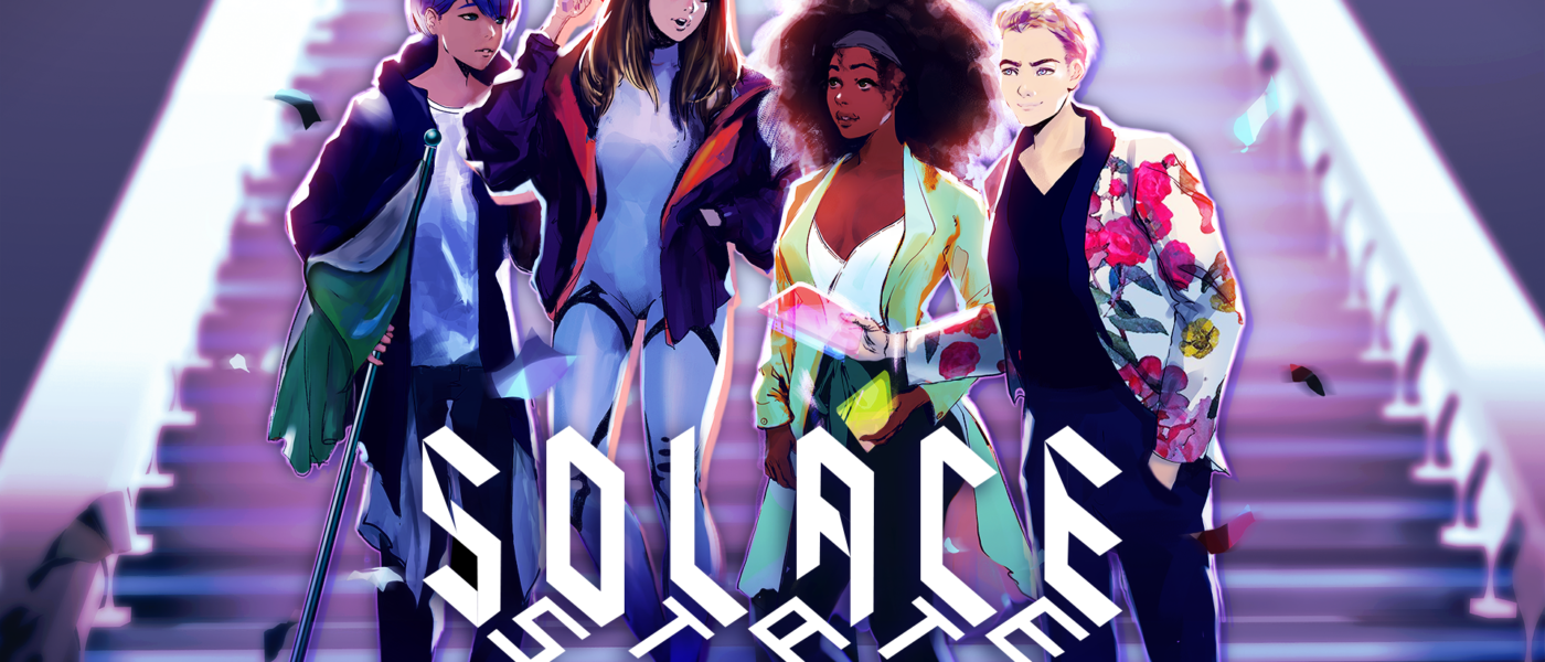 Solace State cover art featuring four members of the cast in front of a staircase
