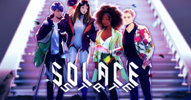 Solace State cover art featuring four members of the cast in front of a staircase