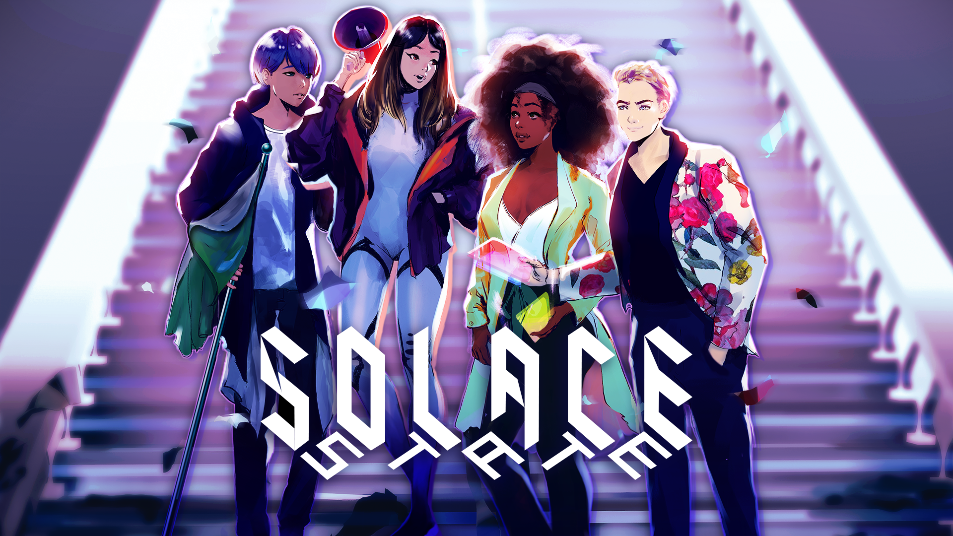 Solace State cover art featuring four members of the cast in front of a staircase