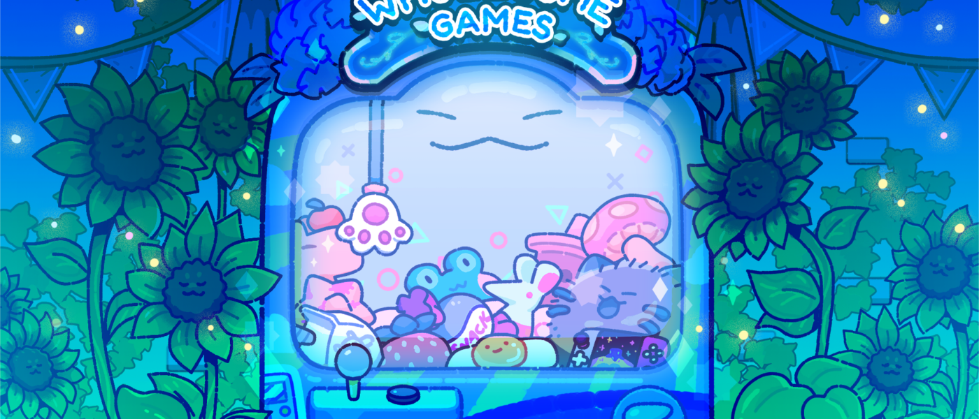Wholesome Games Steam Sale graphic of a claw machine with plushie prizes of characters from featured games