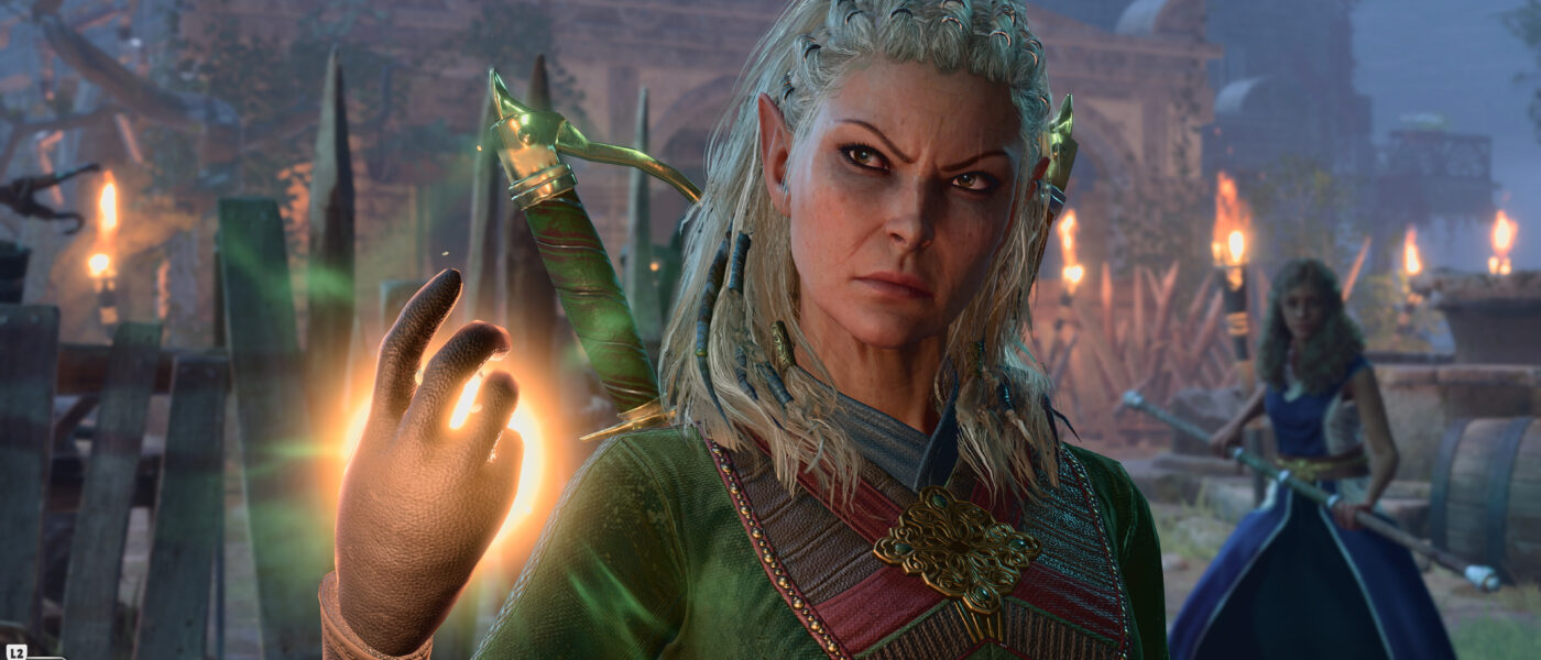Baldur's Gate 3 screenshot of a blond elf woman using a glowing orange spell in her right hand