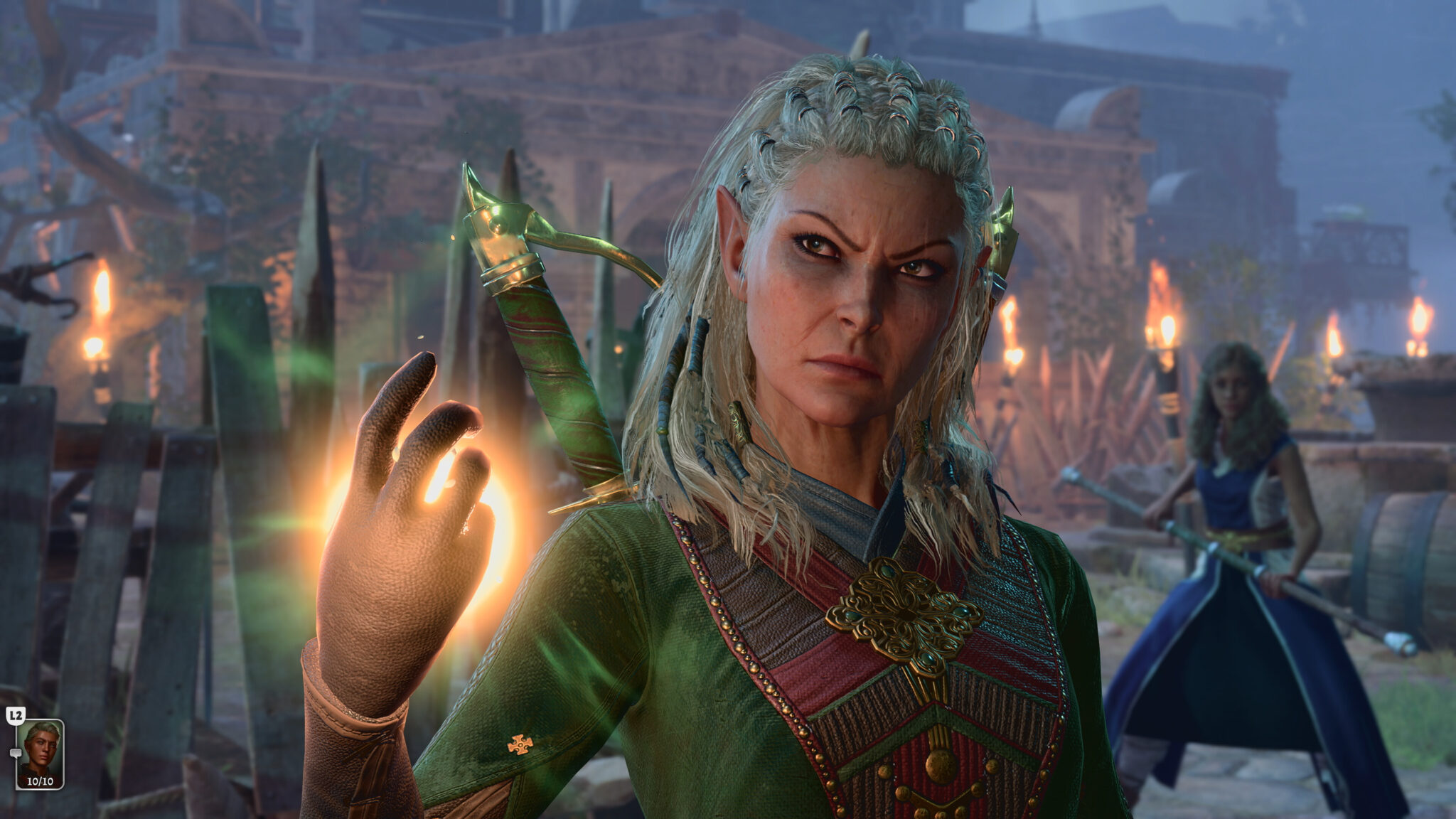 Baldur's Gate 3 screenshot of a blond elf woman using a glowing orange spell in her right hand