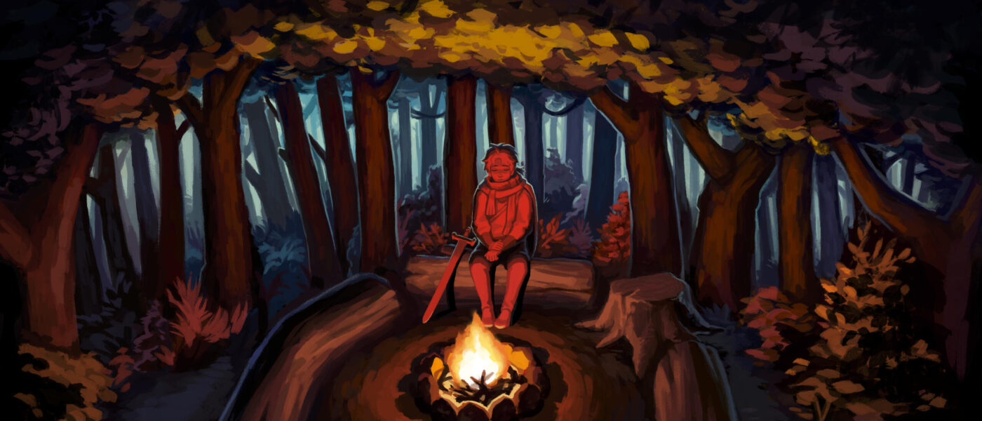 Amarantus artwork of Arik sitting at a campfire in the woods