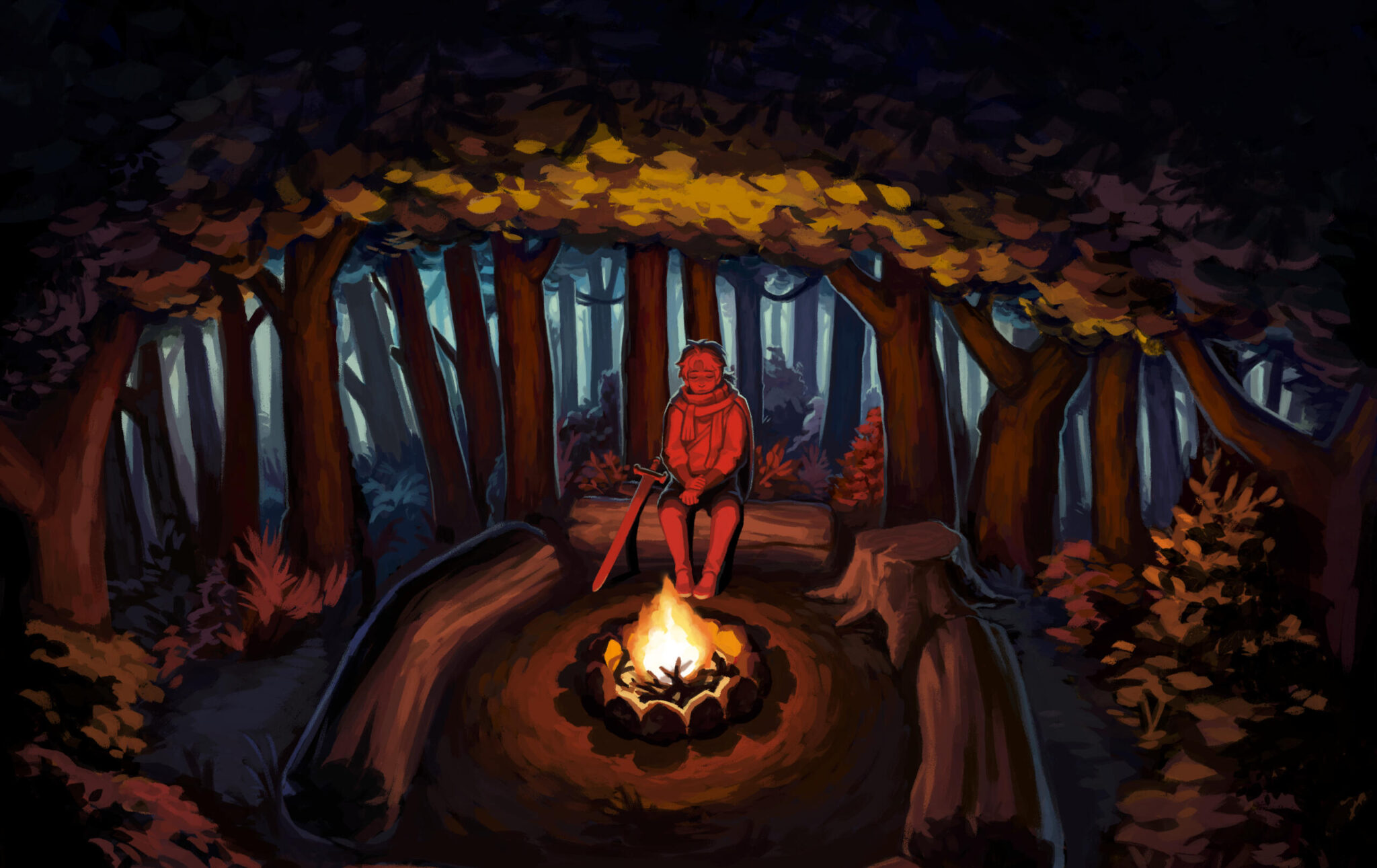 Amarantus artwork of Arik sitting at a campfire in the woods