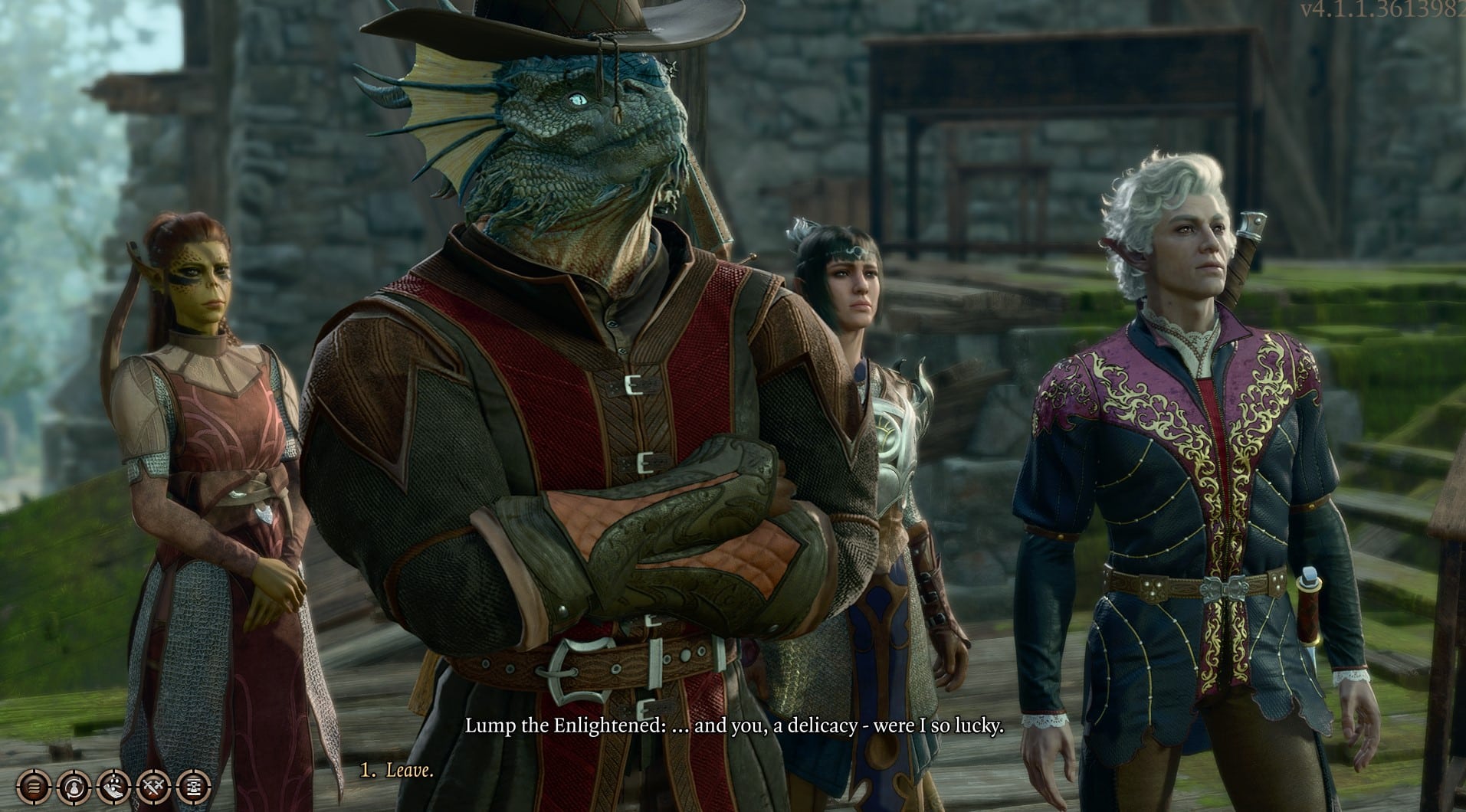 Screenshot of Tav the dragonborn warlock and party talking to an ogre named Lump
