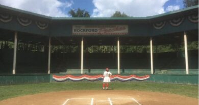 Photo of Abbi Jacobson in her A League of Their Own costume on a baseball field