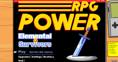 Elemental Survivors cover art in the style of an NES game starting screen that says RPG Power at the top