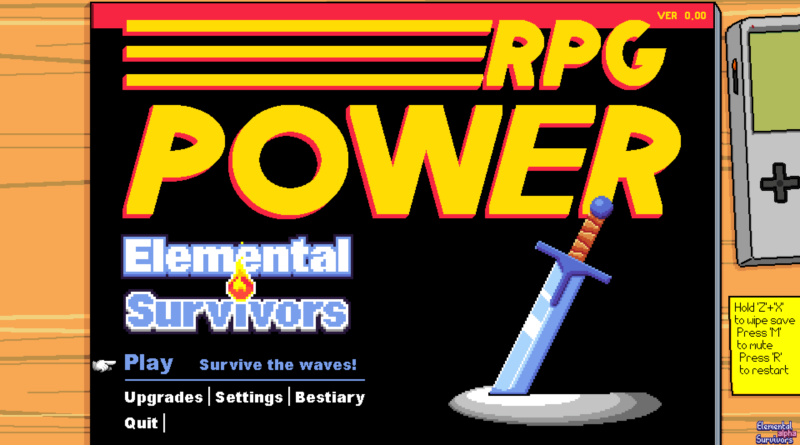 Elemental Survivors cover art in the style of an NES game starting screen that says RPG Power at the top