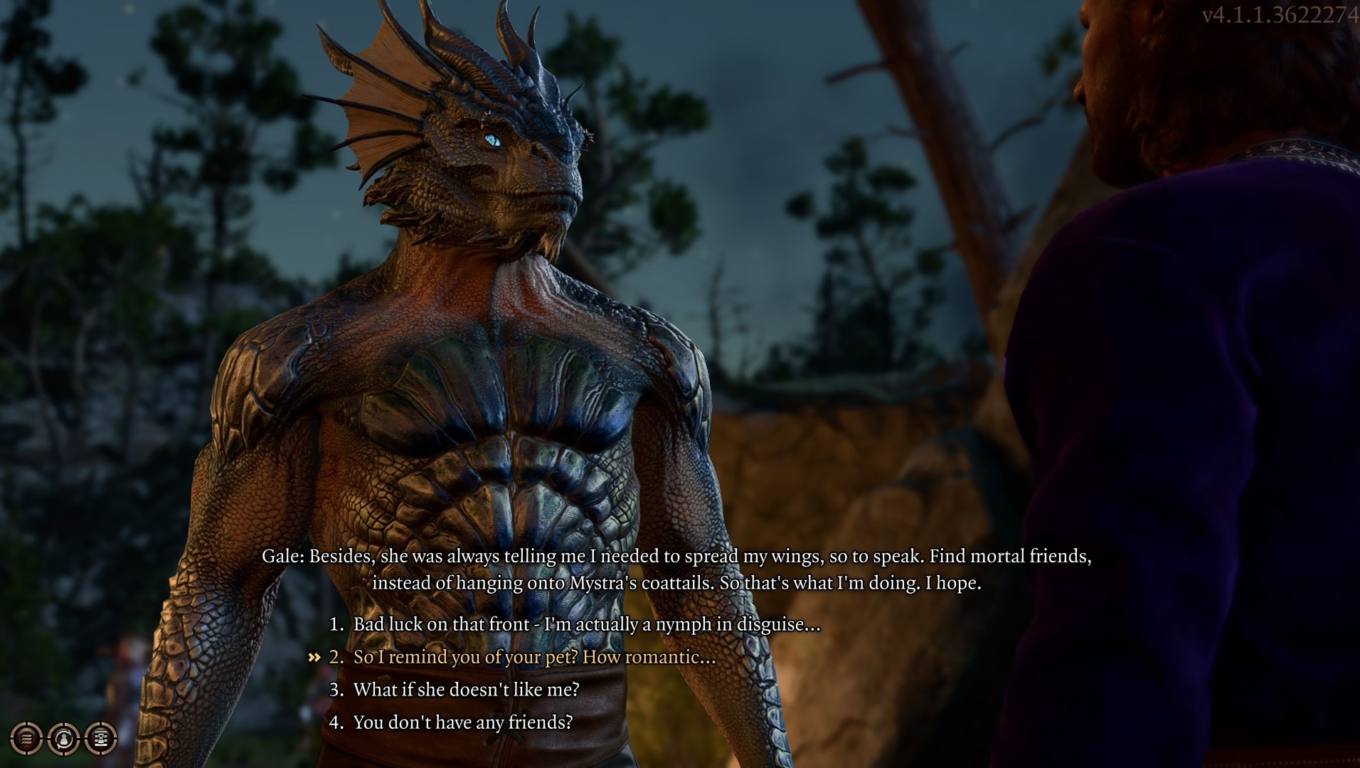 Tav the dragonborn talking to Gale with the dialogue option "I remind you of your pet, how romantic" highlighted