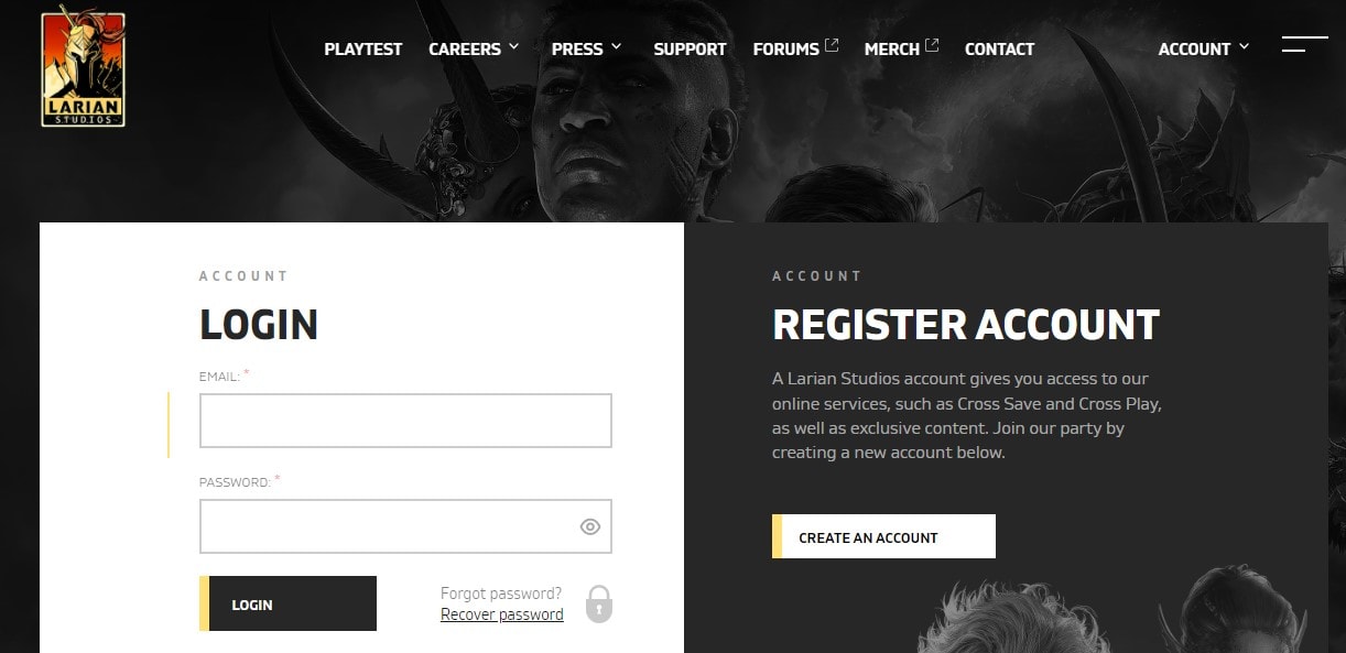 Screenshot of the Larian account sign-in page