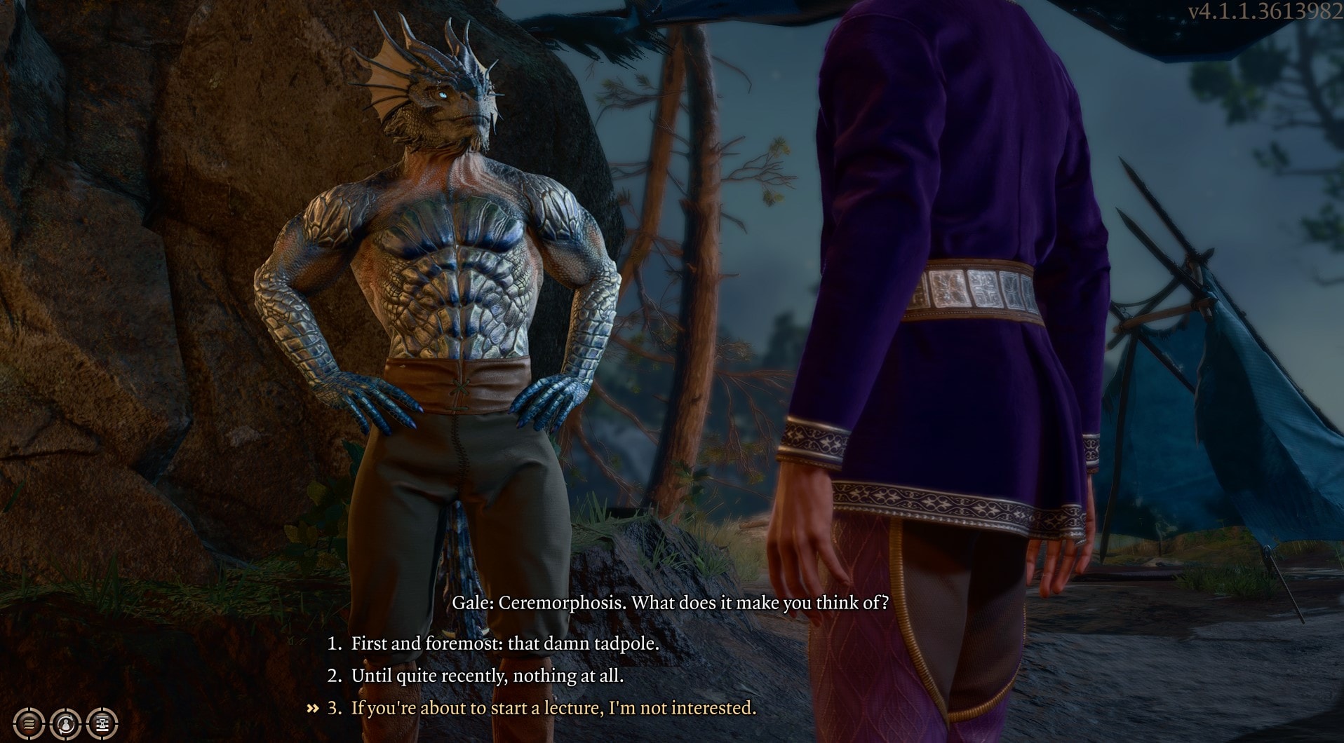 Baldur's Gate 3 screenshot of Tav the Dragonborn talking to the wizard Gale. Tav is shirtless, Gale has his back to the camera. They are discussing Ceremorphosis, the process of becoming a mind flayer