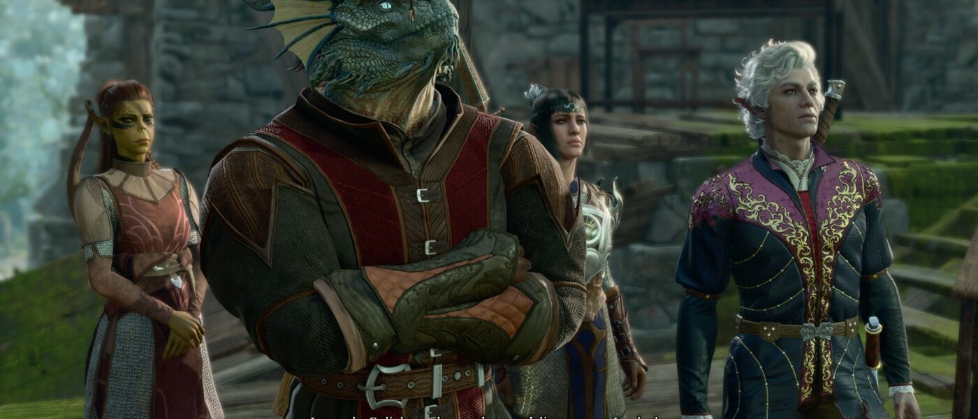 Screenshot of Tav the dragonborn warlock and party talking to an ogre named Lump