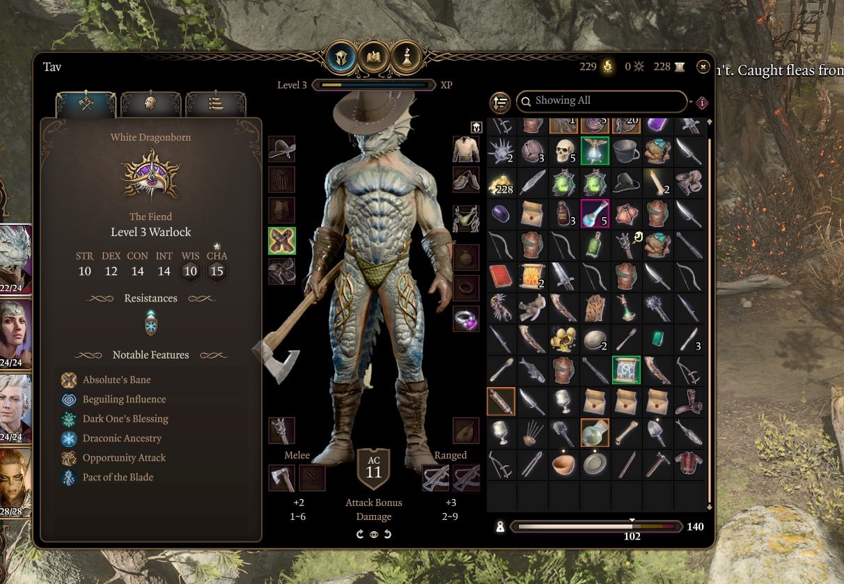 Screenshot of the inventory screen of Tav the dragonborn in Baldur's Gate 3