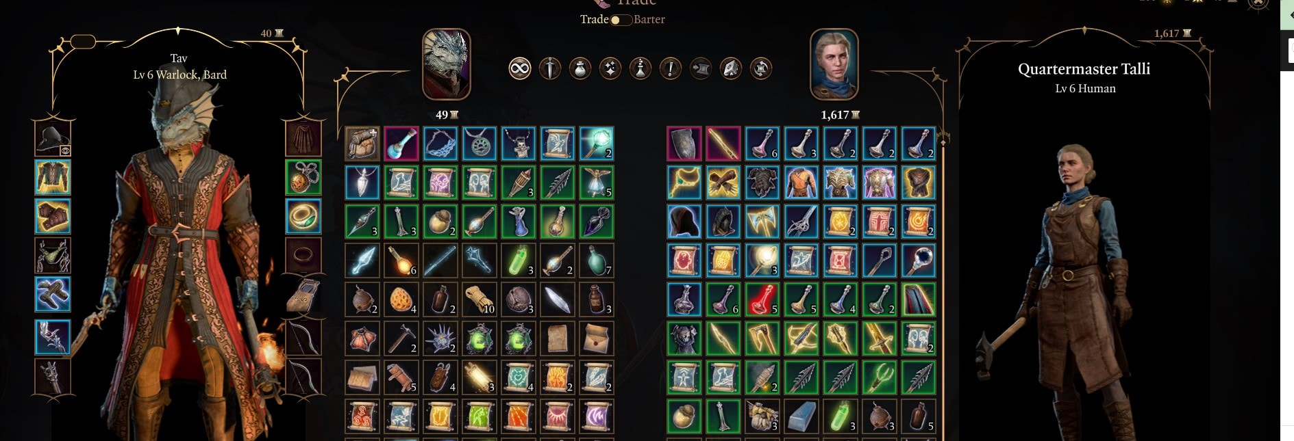 Baldur's Gate 3 screenshot of a quartermaster merchant's trading menu, which has multiple varieties of dye