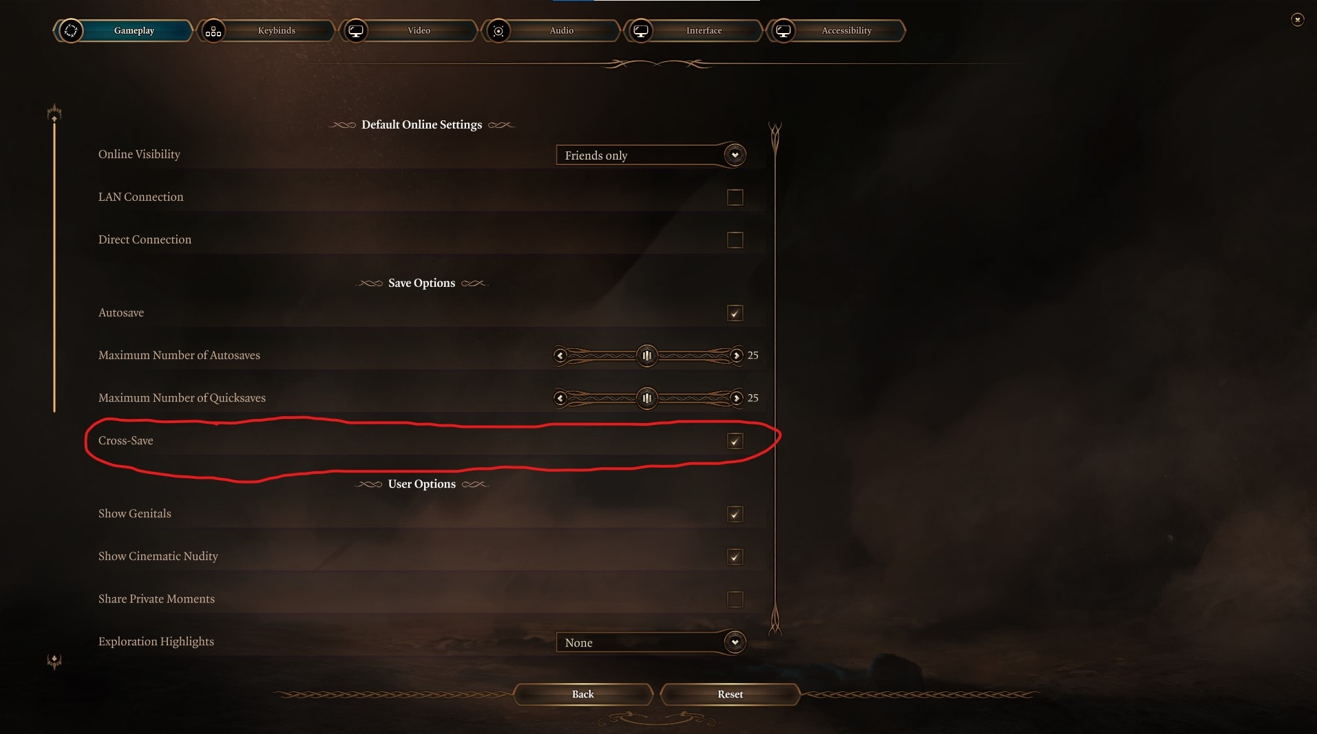 Screenshot of the Baldur's Gate 3 options settings with the cross save option circled in red and checked off