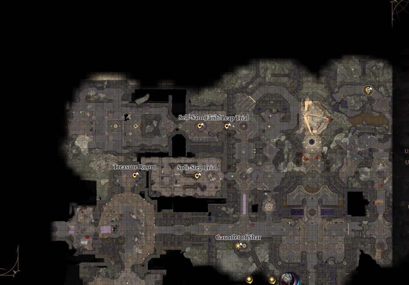 Gauntlet of Shar map screenshot showing the locations of the three trial rooms