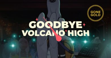 Goodbye Volcano High Gone Gold graphic featuring Fang the dinosaur with their back to the camera as they play guitar to an audience