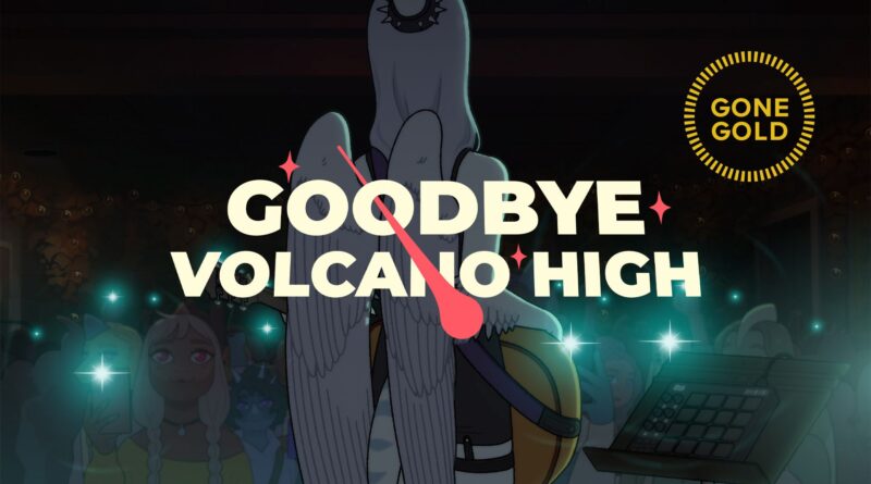 Goodbye Volcano High Gone Gold graphic featuring Fang the dinosaur with their back to the camera as they play guitar to an audience