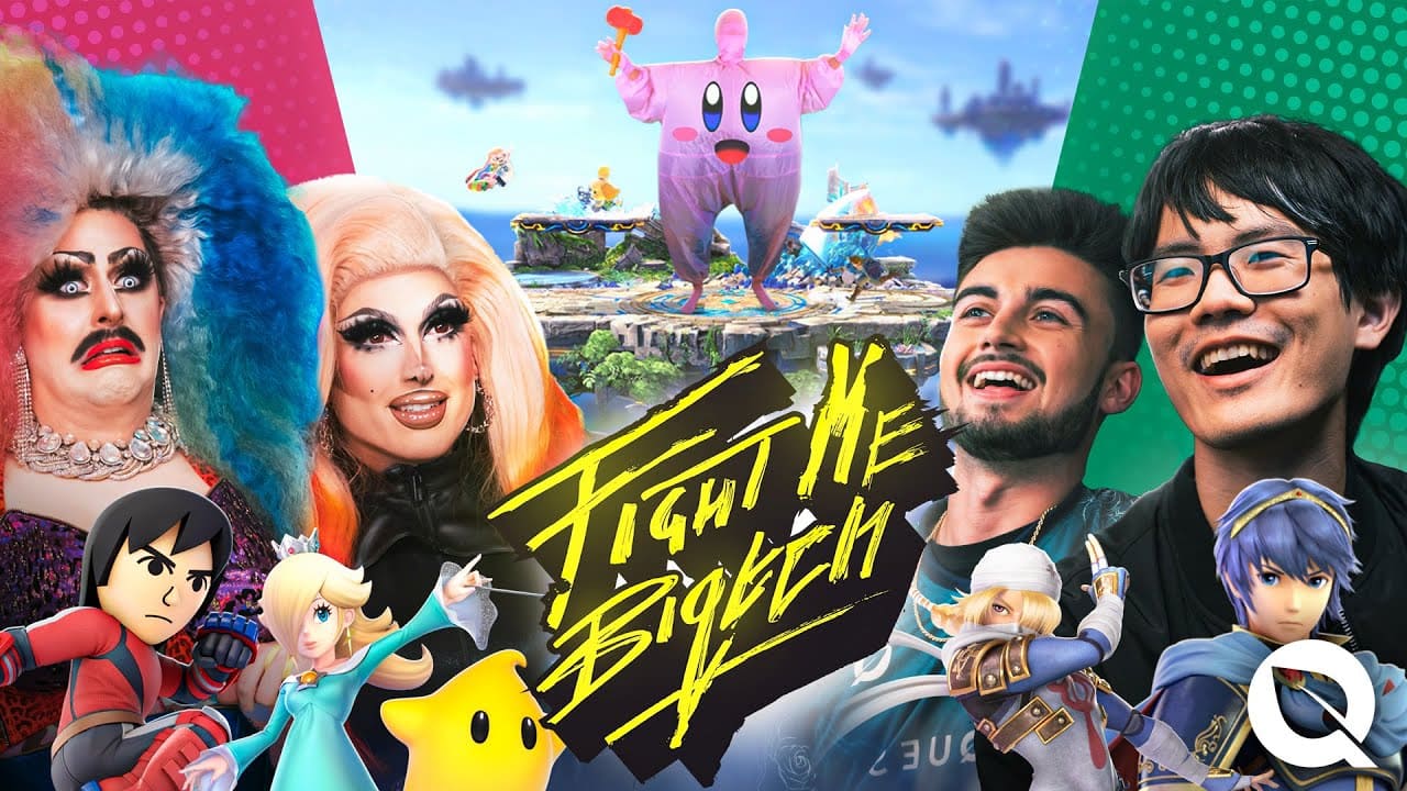Fight Me Biqtch thumbnail featuring Biqtch Puddin', Deere, and two FlyQuest Smash pros