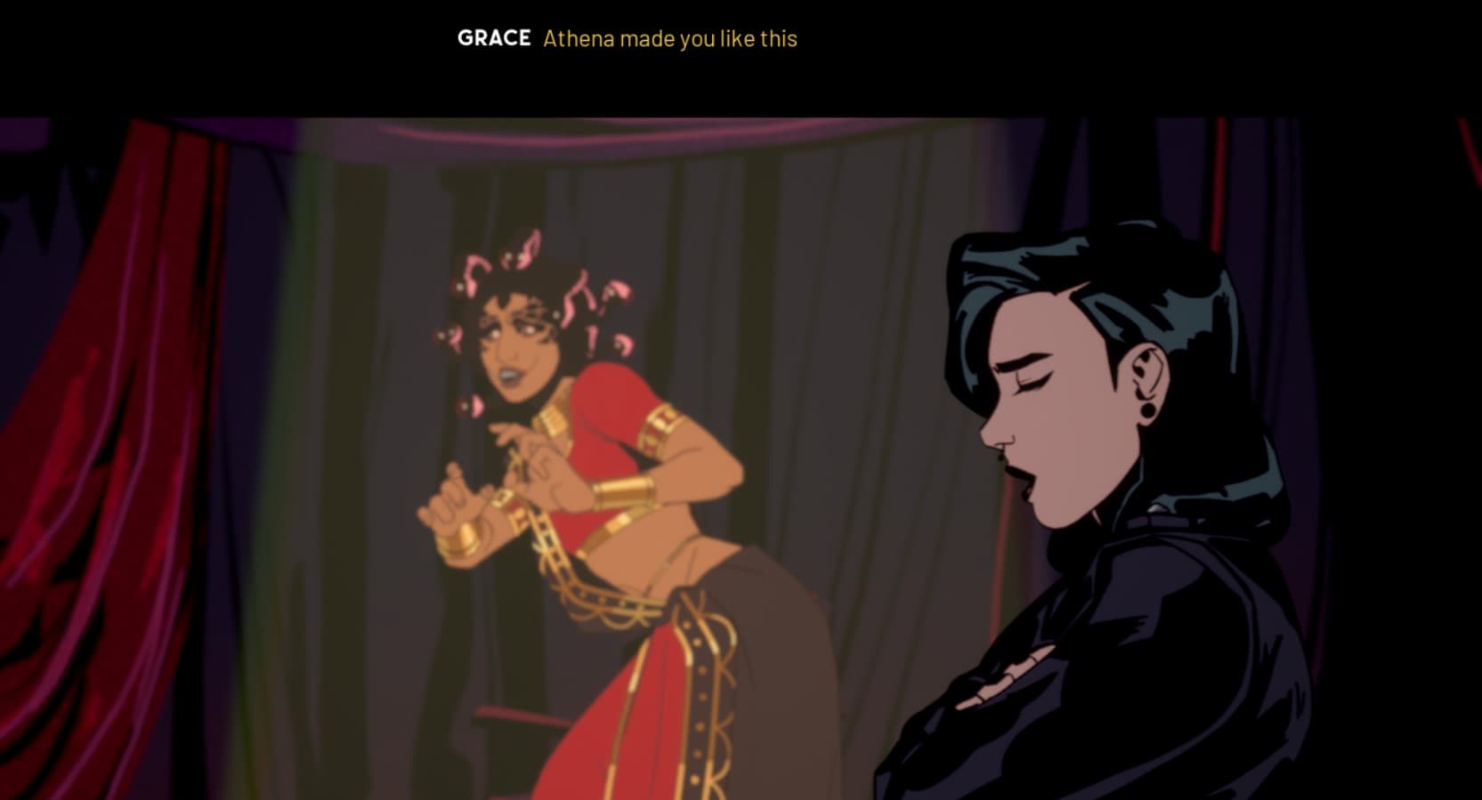 Stray Gods screenshot of Grace telling Medusa that Athena made her like this while Medusa cringes in a spotlight in the background