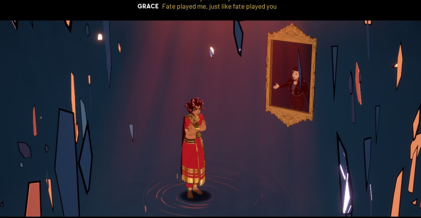 Screenshot of Grace in a mirror singing to Medusa saying "Fate played me just like fate played you." They are in a shattered glass dimension 