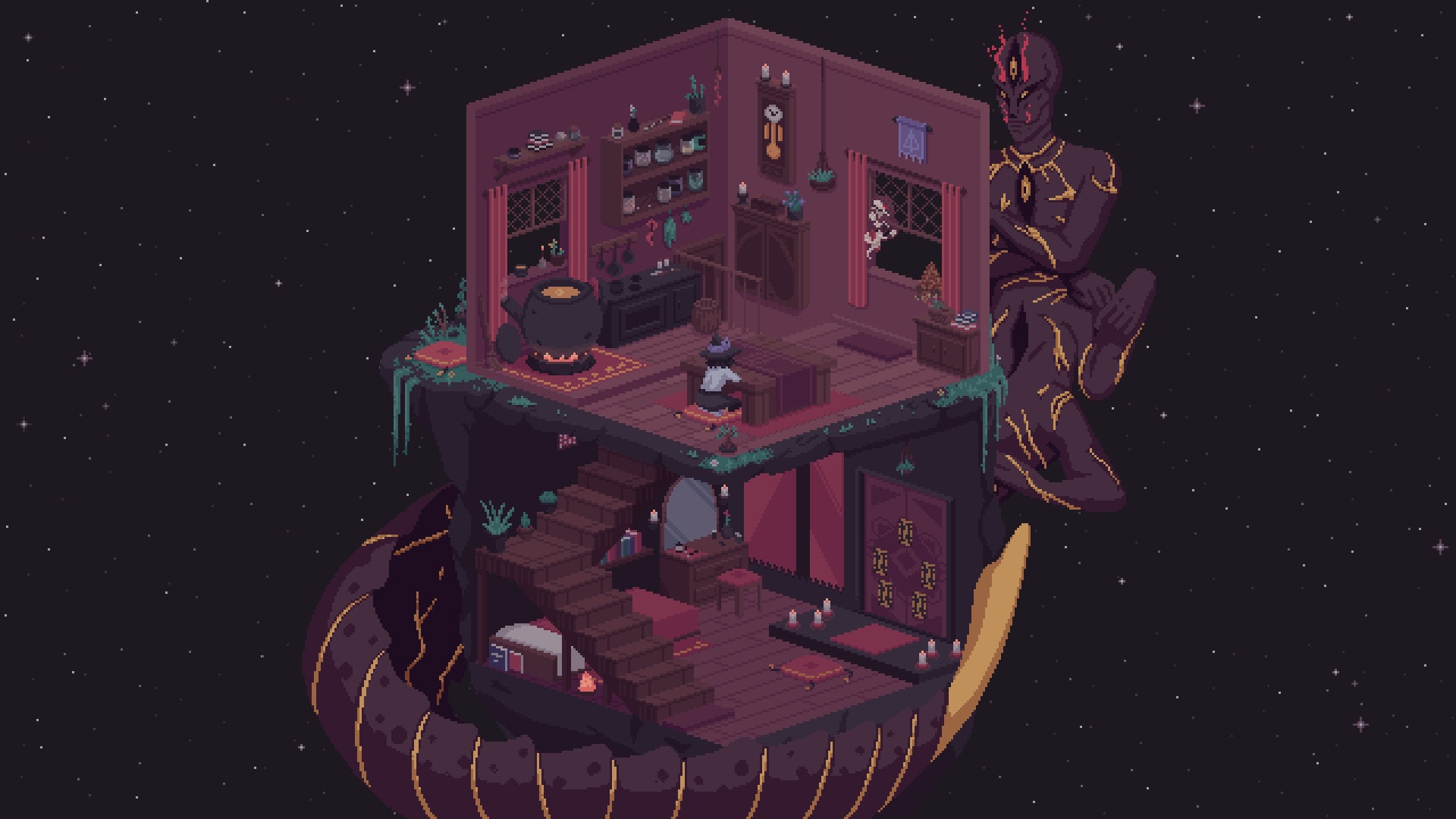 Cosmic Wheel Sisterhood screenshot of Fortuna's house on an asteroid with the Behemoth Abrahmar curled around the building