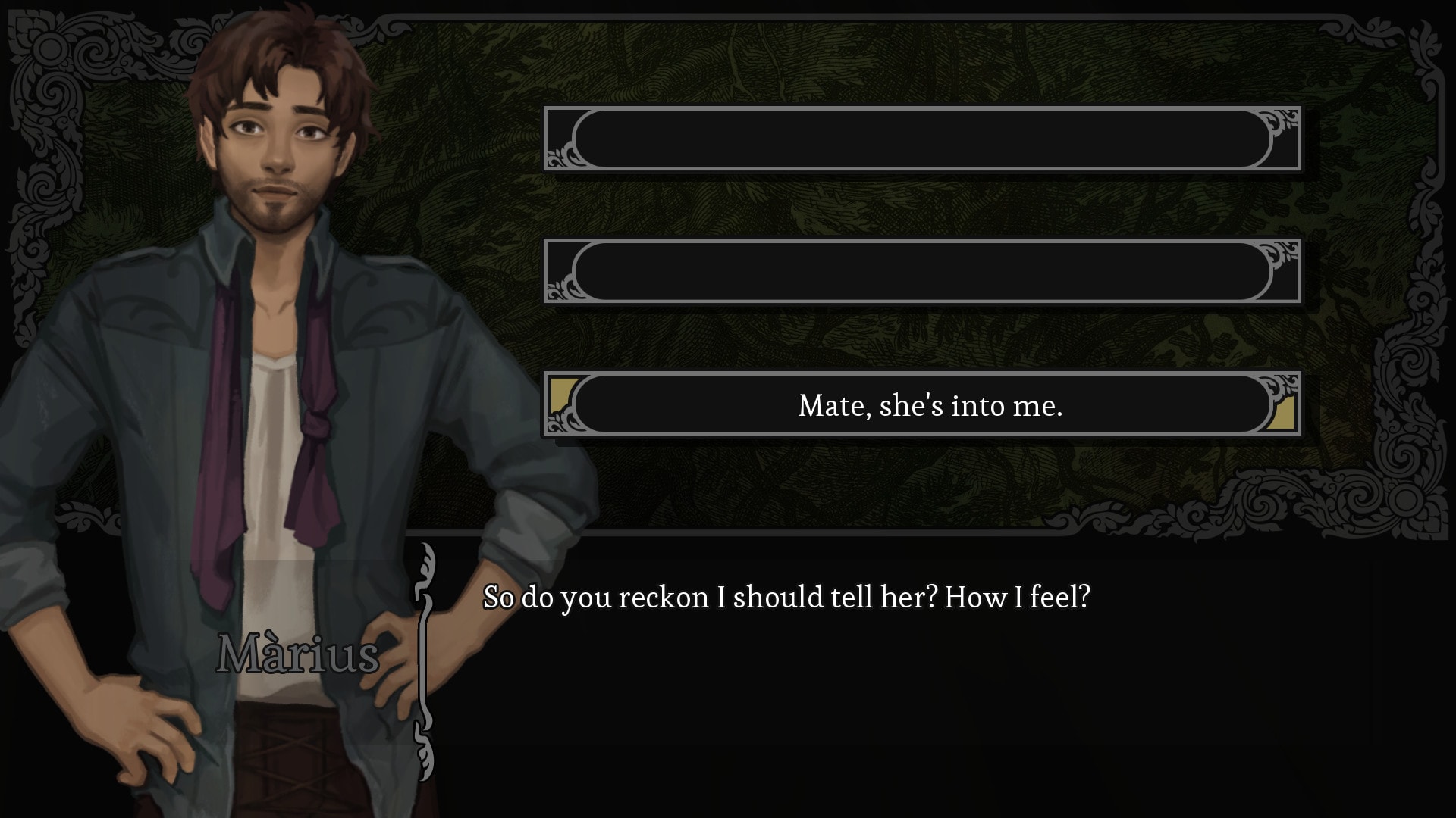 Amarantus screenshot of Marius asking Arik if he should reveal his feelings about someone with the Arik dialogue choice highlighted saying "mate she's into me"
