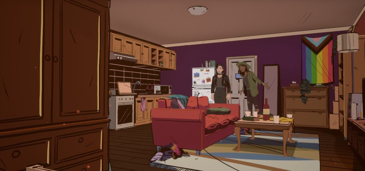 Stray Gods screenshot of Freddie and Grace's apartment. It's messy and there's a gay flag on the wall