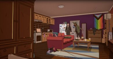 Stray Gods screenshot of Freddie and Grace's apartment. It's messy and there's a gay flag on the wall