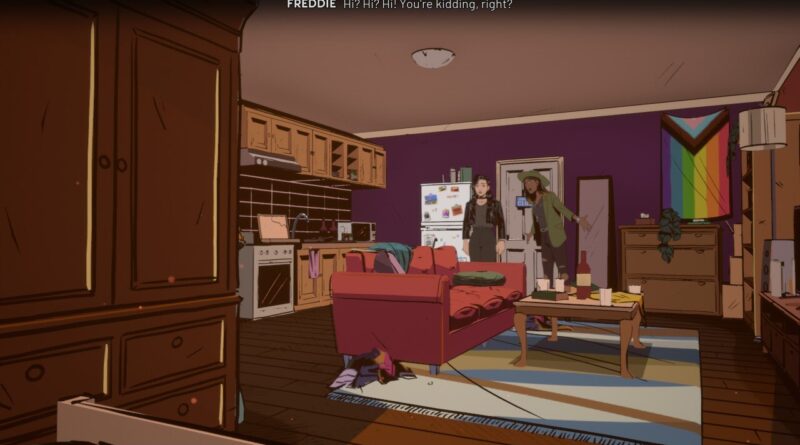 Stray Gods screenshot of Freddie and Grace's apartment. It's messy and there's a gay flag on the wall