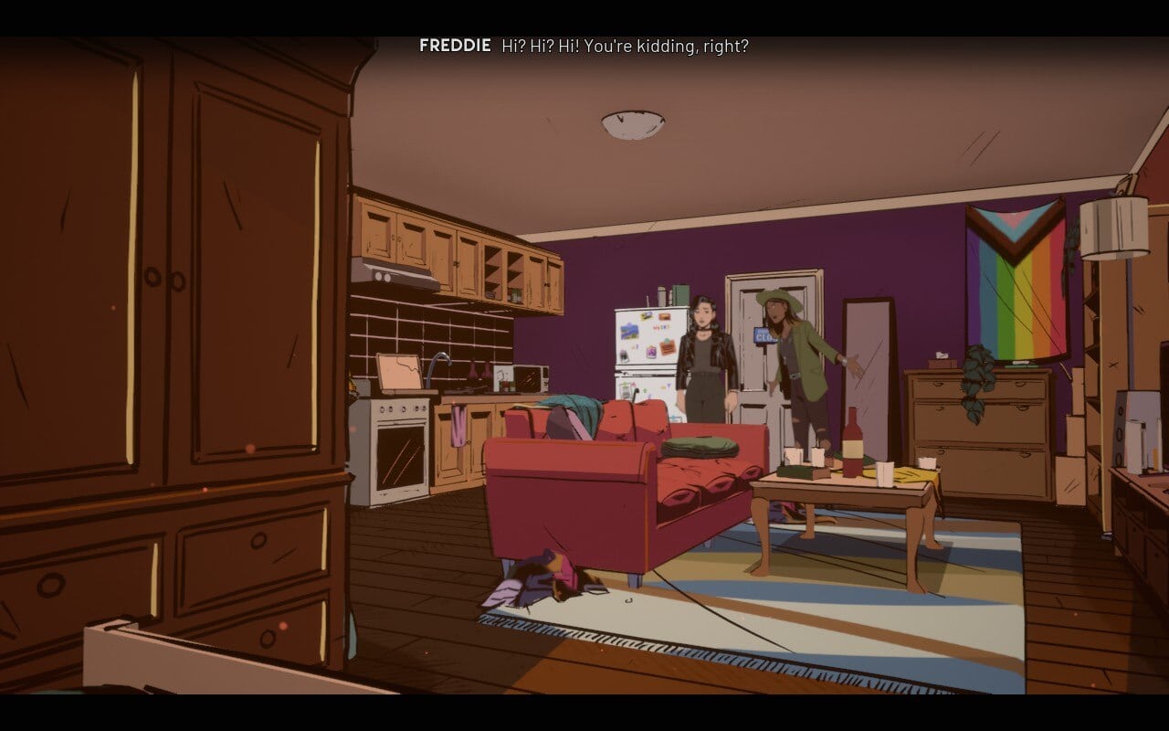 Stray Gods screenshot of Freddie and Grace's apartment. It's messy and there's a gay flag on the wall