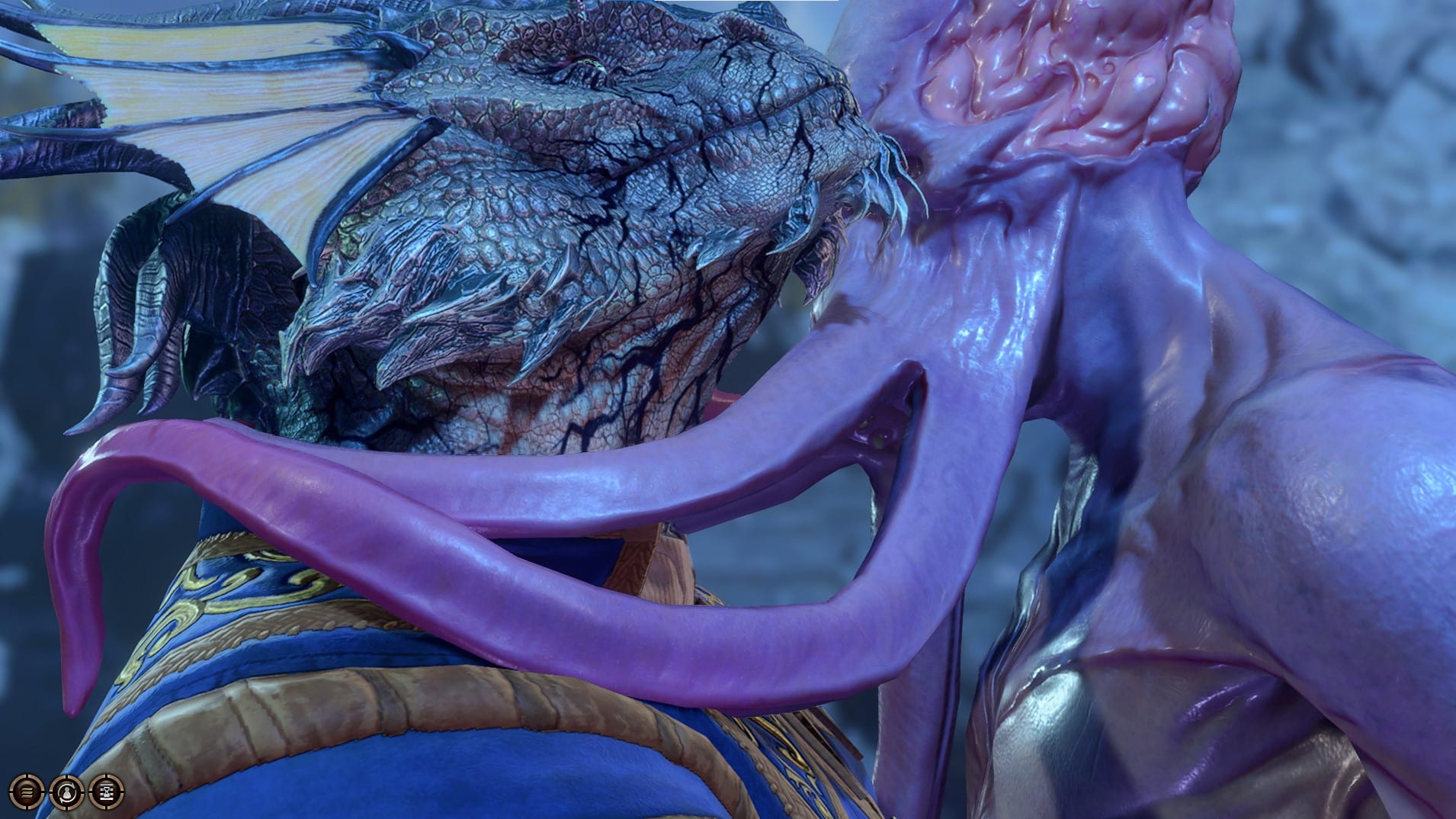 Screenshot of Tav the dragonborn Warlock and The Emperor the Mindflayer embracing romantically with the latter's tentacles wrapped around the former's neck