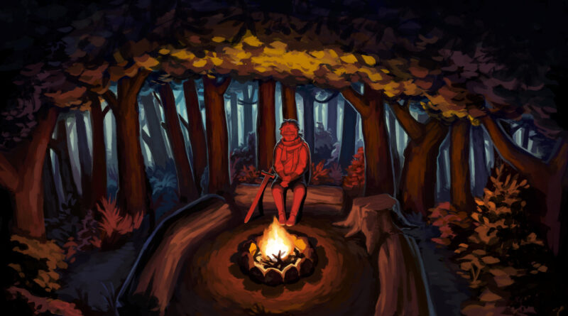 Amarantus artwork of Arik sitting at a campfire in the woods