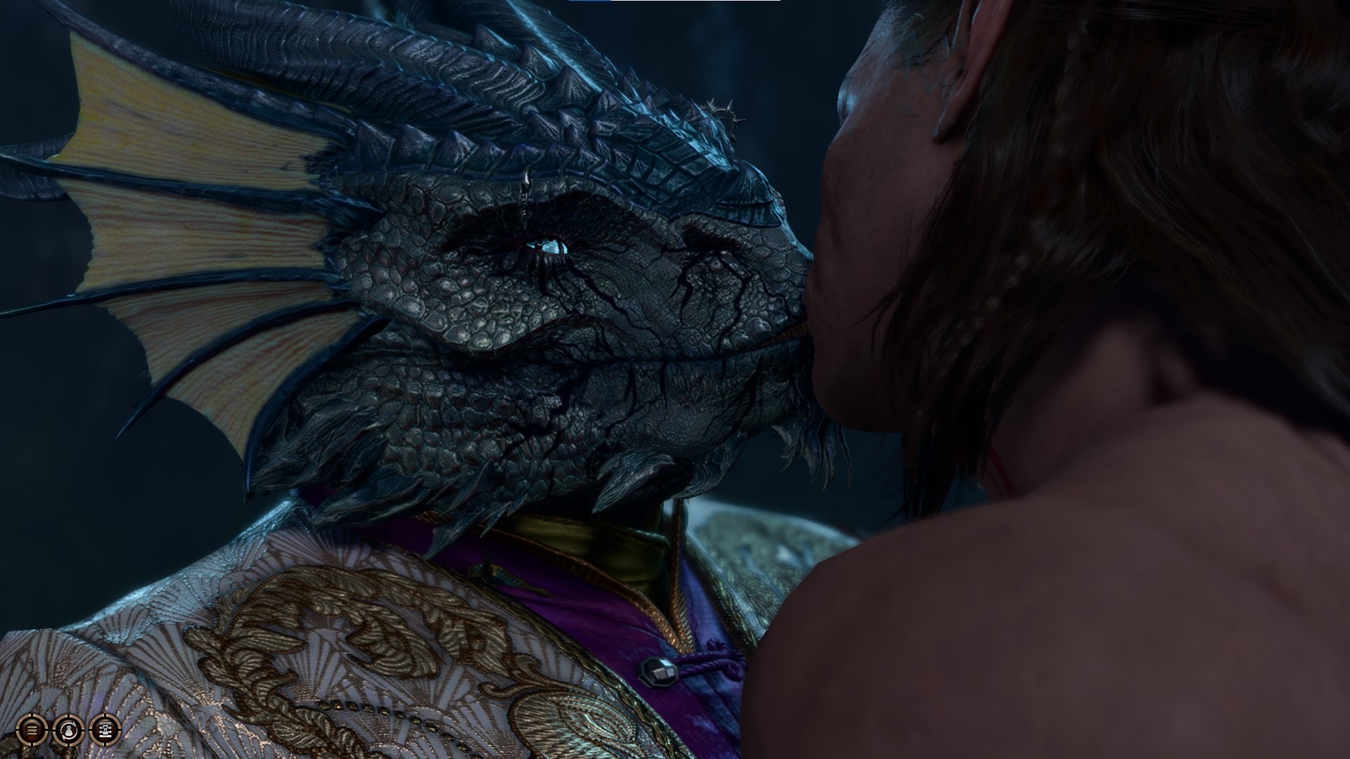 Screenshot of Tav the Dragonborn kissing Halsin the elven druid