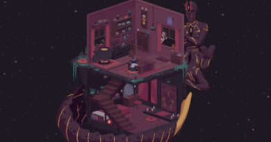 Cosmic Wheel Sisterhood screenshot of Fortuna's house on an asteroid with the Behemoth Abrahmar curled around the building