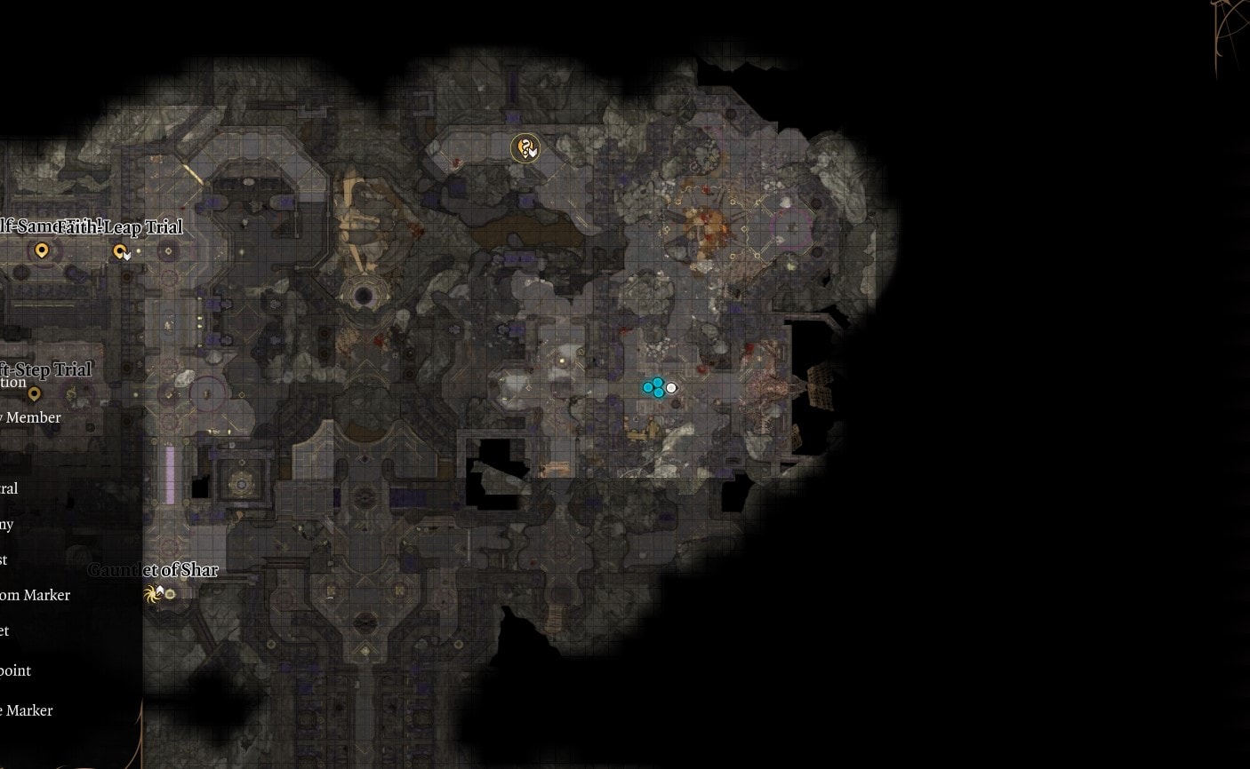 Screenshot of the Gauntlet of Shar map in Baldur's Gate 3 showing the location of Raphael's old enemy