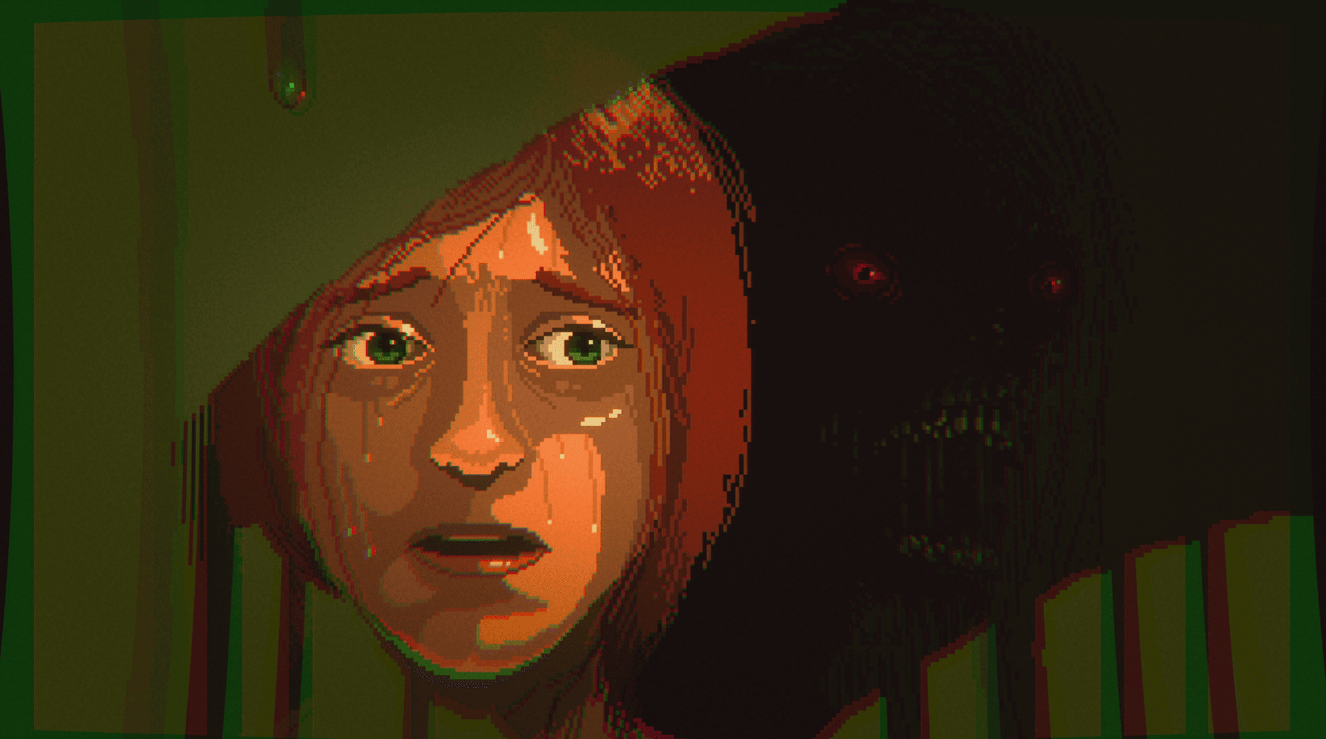 Midnight scenes: From the Woods screenshot of a teen boy looking into a foggy mirror and seeing a shadow monster in the reflection to his right