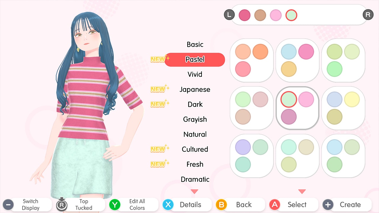 Fashion Dreamer screenshot of the color palette in the fashion customization screen