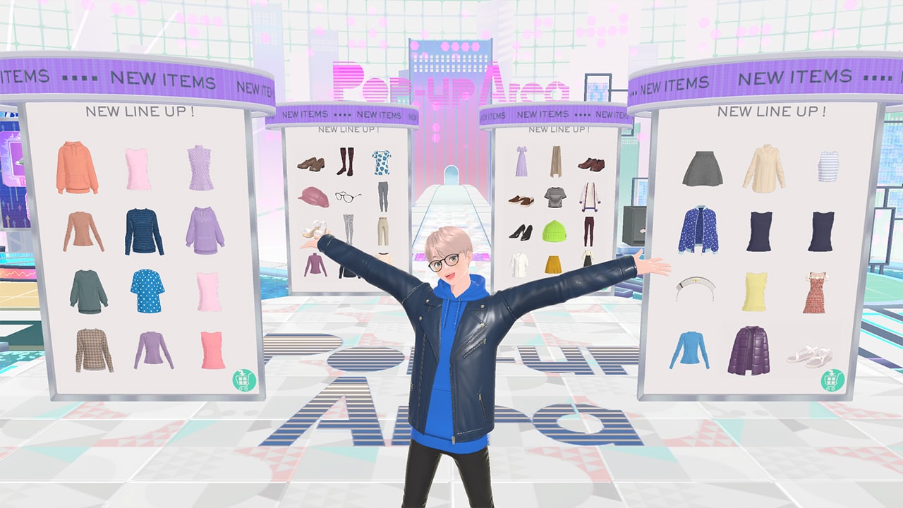 Fashion Dreamer screenshot of a blond male Muse posing with his arms out in front of catalog stands of clothing