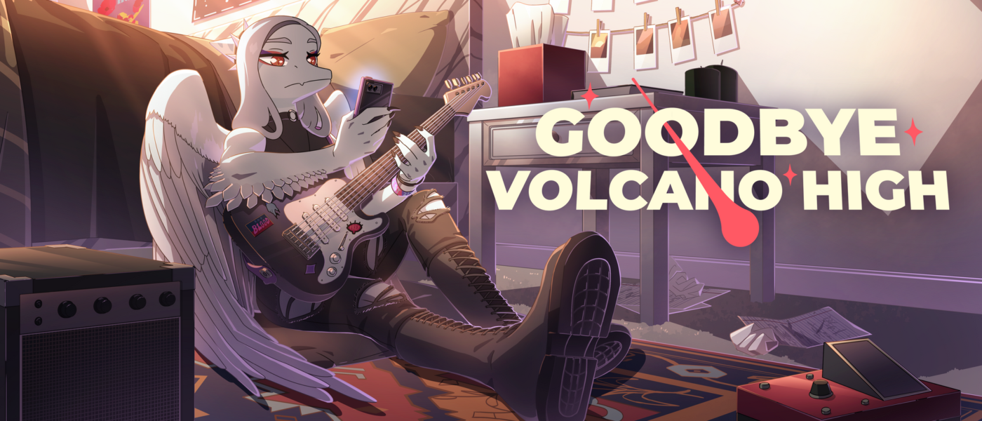 Goodbye Volcano High key art showing Fang playing their guitar in their bedroom
