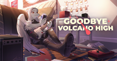 Goodbye Volcano High key art showing Fang playing their guitar in their bedroom