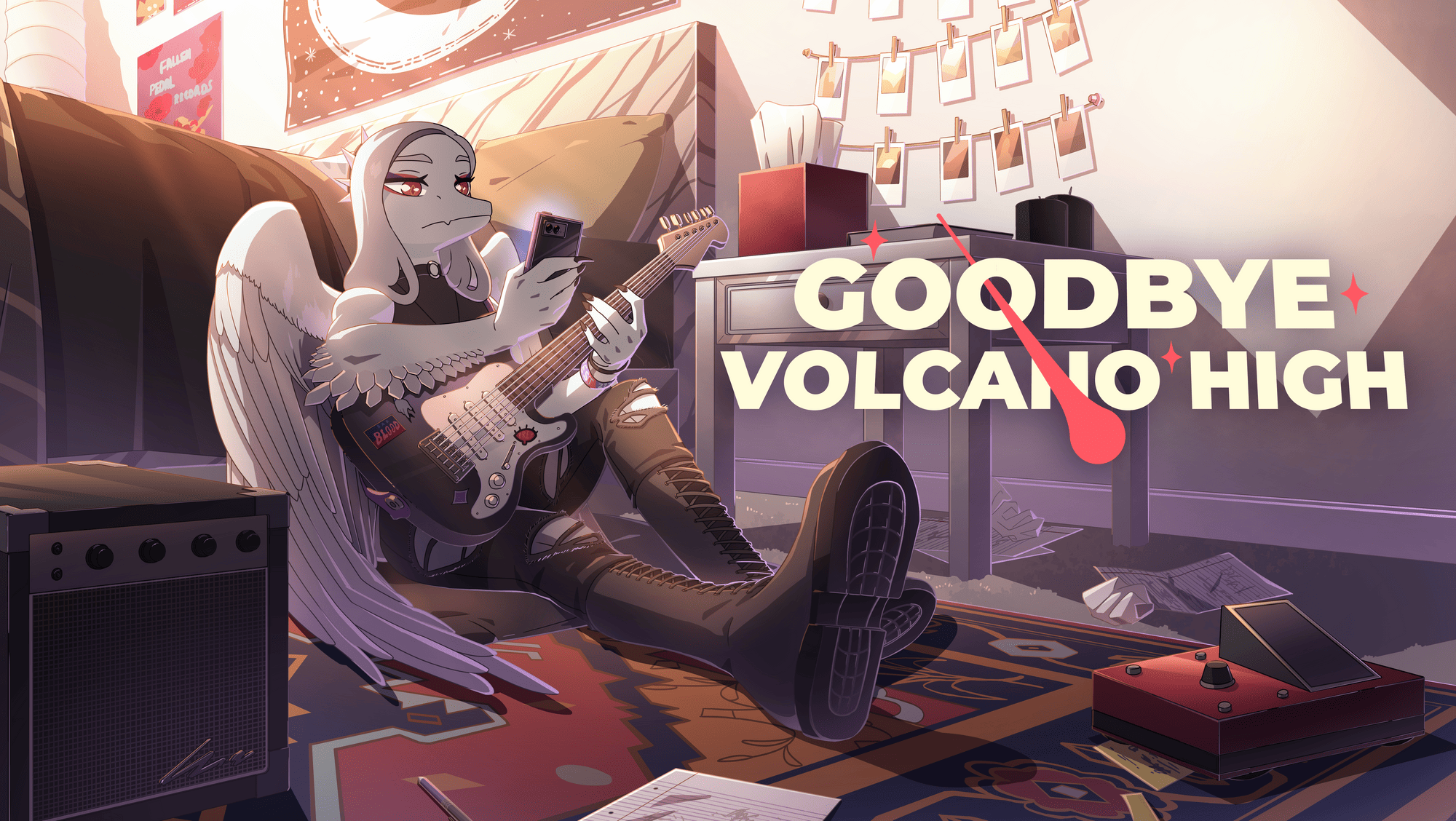 Goodbye Volcano High key art showing Fang playing their guitar in their bedroom
