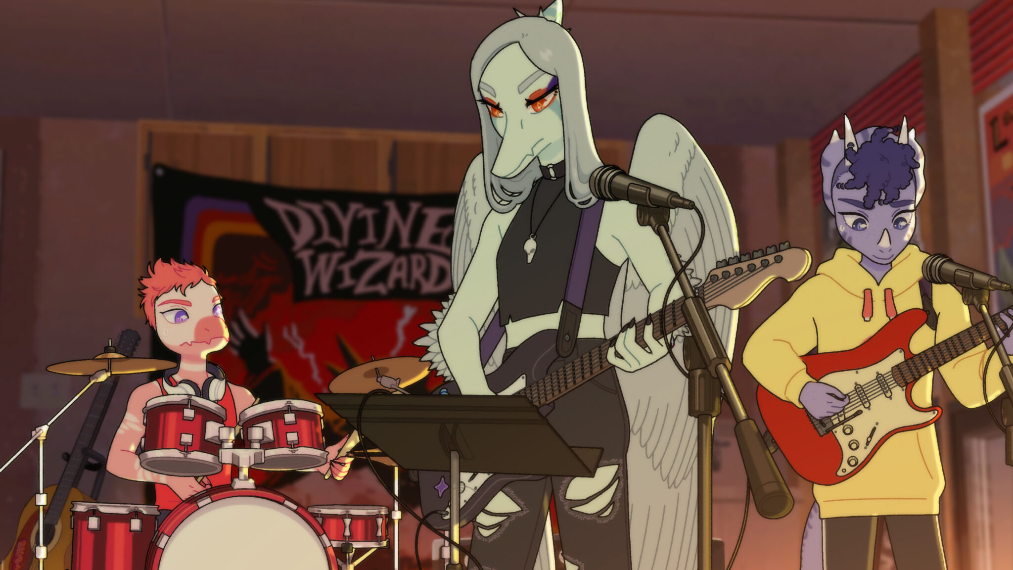 Goodbye Volcano High screenshot of Worm Drama band. From left to right: Reed on drums, Fang on guitar and vocals, Trish on guitar