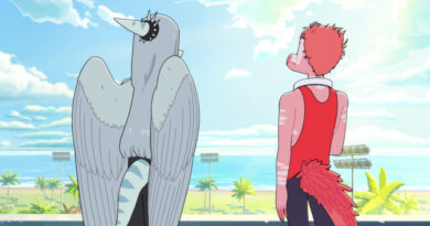 Fang (left) and Reed (right) with their backs to the camera as they look over the landscape from their school rooftop