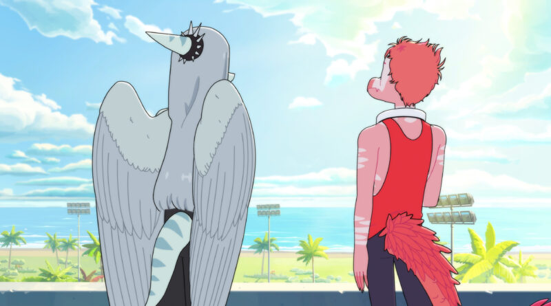 Fang (left) and Reed (right) with their backs to the camera as they look over the landscape from their school rooftop