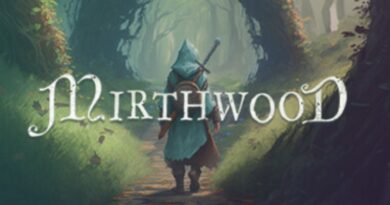 Mirthwood cover art featuring a person in a blue cloak with a sword on their back walking away from the camera down a path in a forest