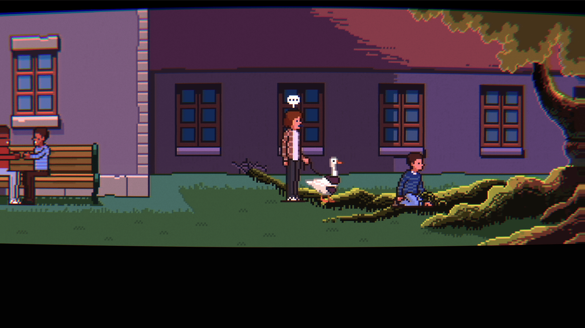 Screenshot of Elijah walking a goose while Oliver kneels at the roots of a tree with one wrapping around his wrist