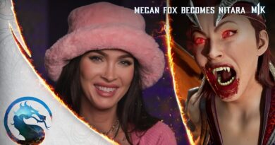 Megan Fox on the left in a fuzzy pink brimmed hat and Nitara the vampire from Mortal Kombat 1 on the right