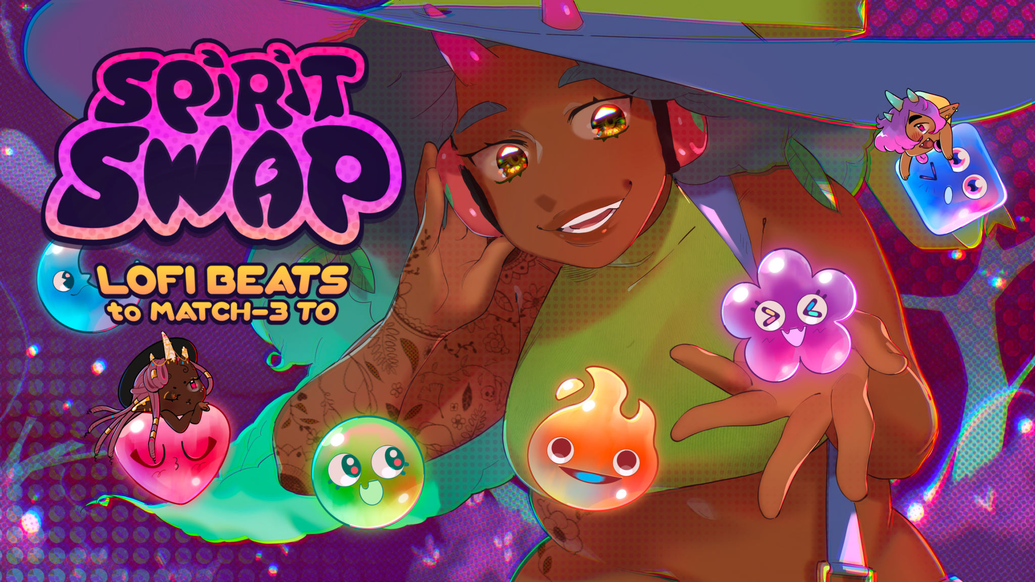 Spirit Swap key art featuring the cast and the different spirit blocks you match in the game