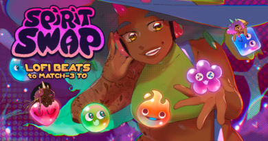 Spirit Swap key art featuring the cast and the different spirit blocks you match in the game